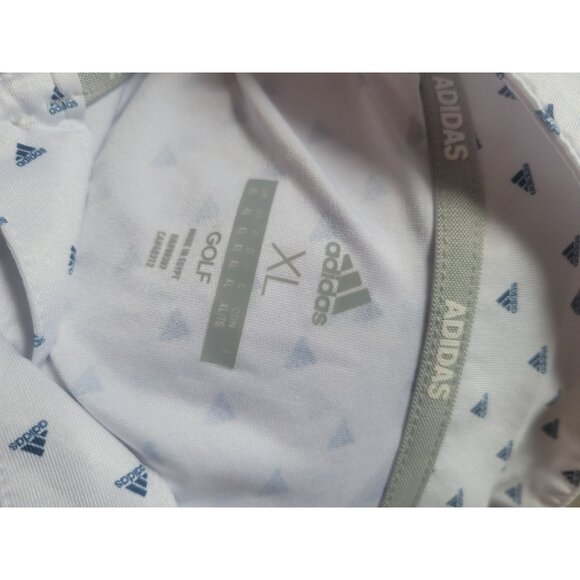 Adidas Mens XL White Golf Polo Shirt Blue Triangle Print Short Sleeve Lightweigh - Picture 2 of 5